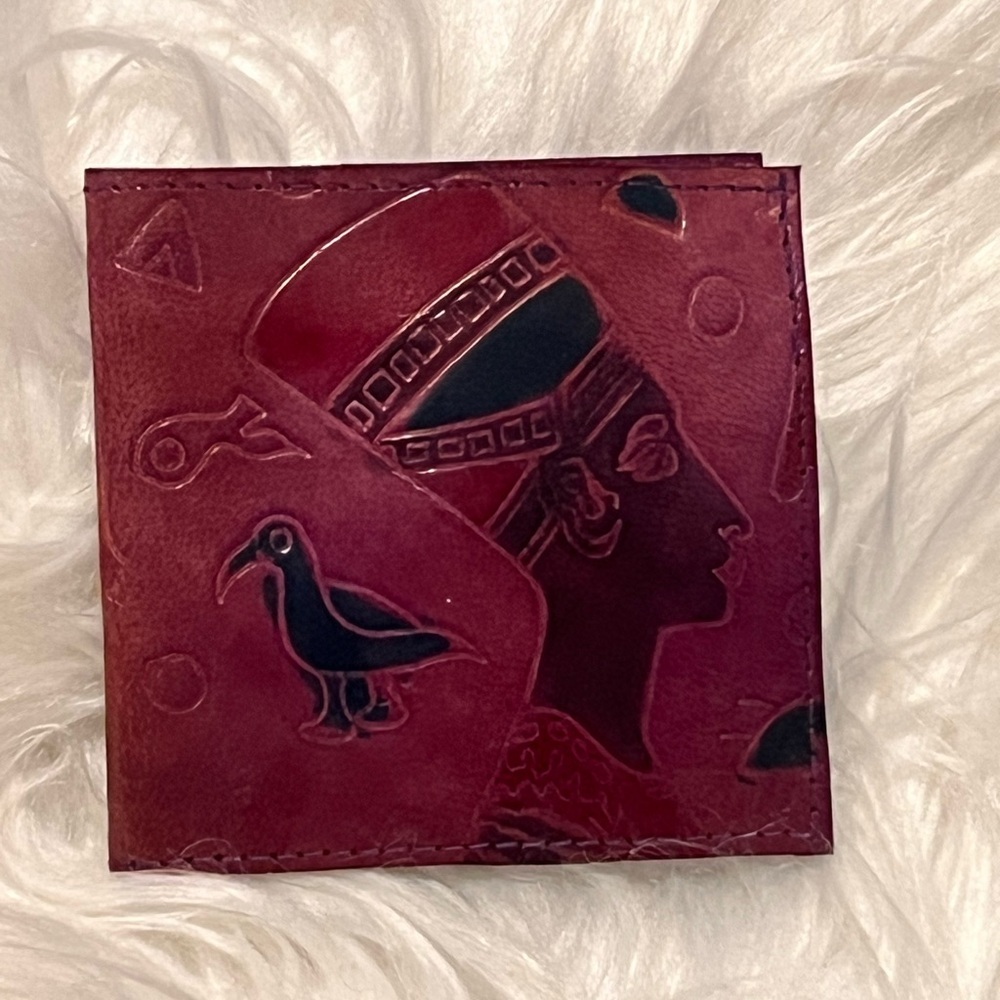Vintage Handcrafted Egyptian Motif Leather Wallet - Deep Burgundy
